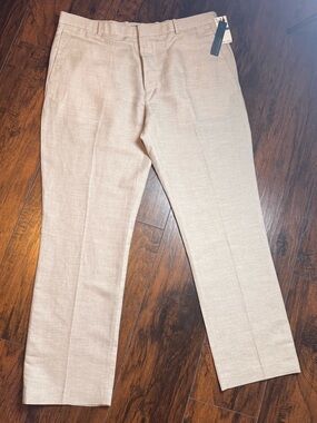 NWT Perry Ellis Pants Men 36x32 Beige Linen Blend Dress Flat Front Career Summer